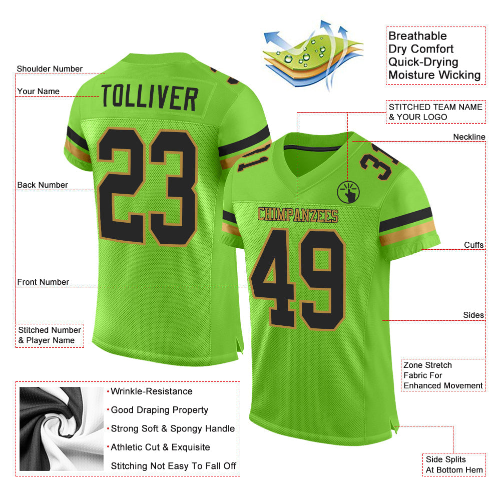 Custom Neon Green Black-Old Gold Mesh Authentic Football Jersey Limited