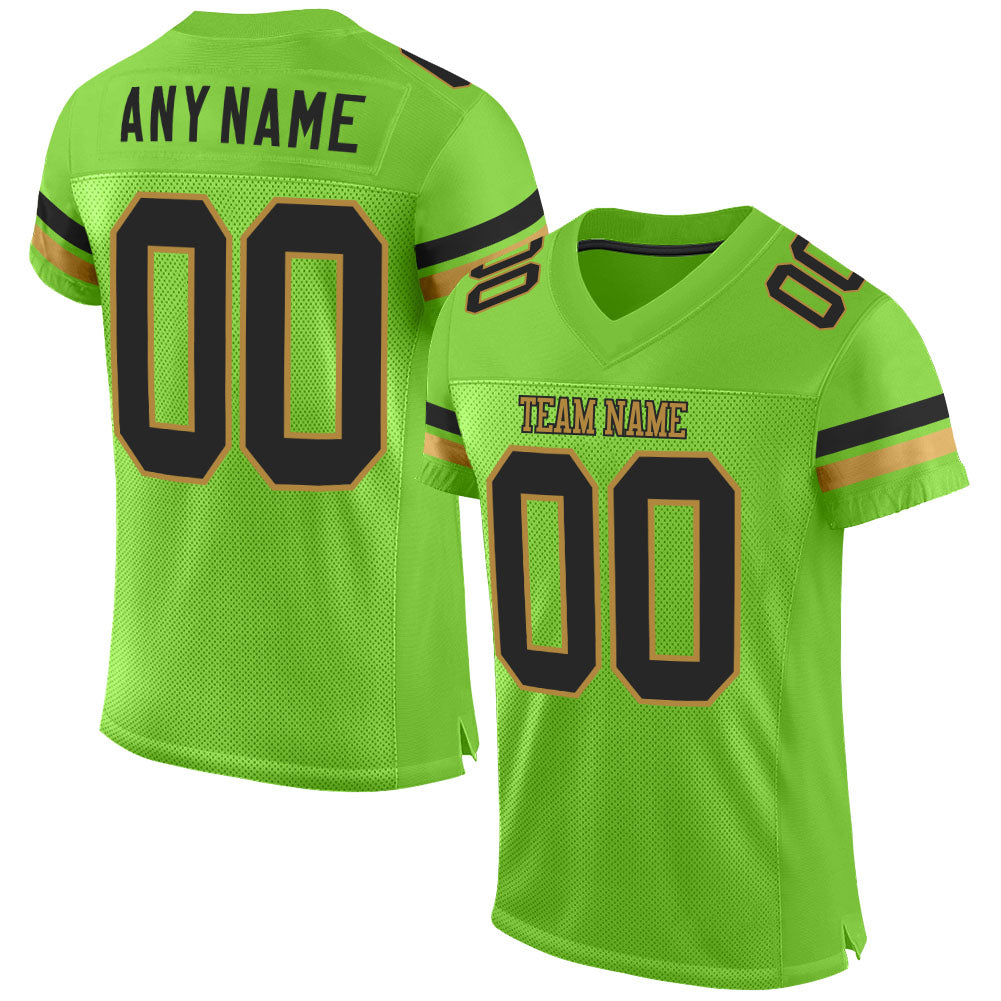 Custom Neon Green Black-Old Gold Mesh Authentic Football Jersey Limited