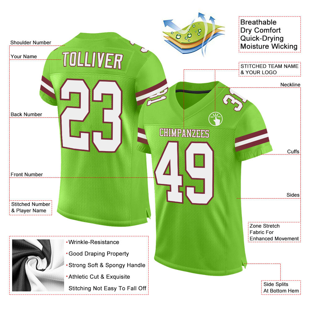 Custom Neon Green White-Burgundy Mesh Authentic Football Jersey Limited