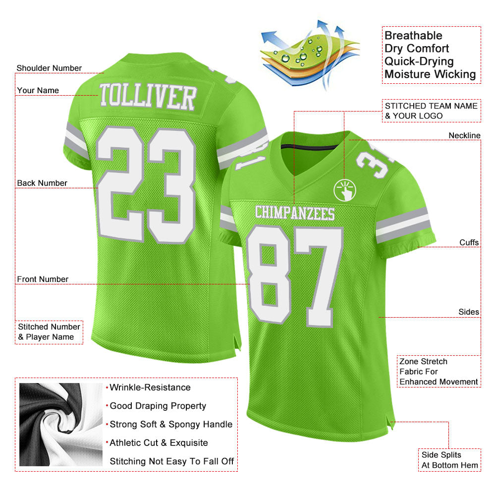 Custom Neon Green White-Gray Mesh Authentic Football Jersey Limited