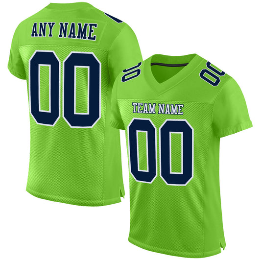 Custom Neon Green Navy-White Mesh Authentic Football Jersey Limited