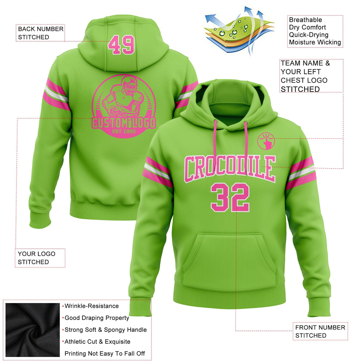 Custom Stitched Neon Green Pink-White Football Pullover Sweatshirt Hoodie Limited