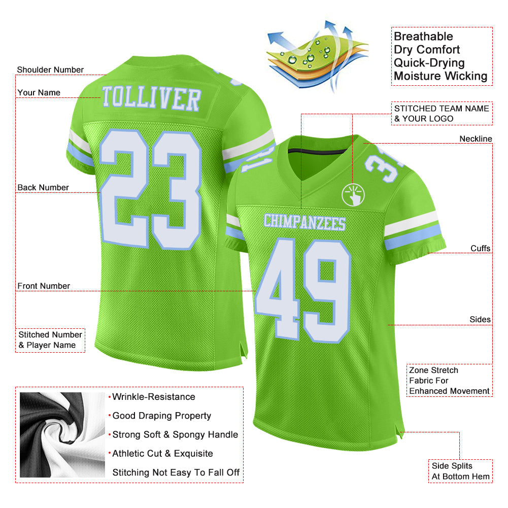 Custom Neon Green White-Light Blue Mesh Authentic Football Jersey Limited