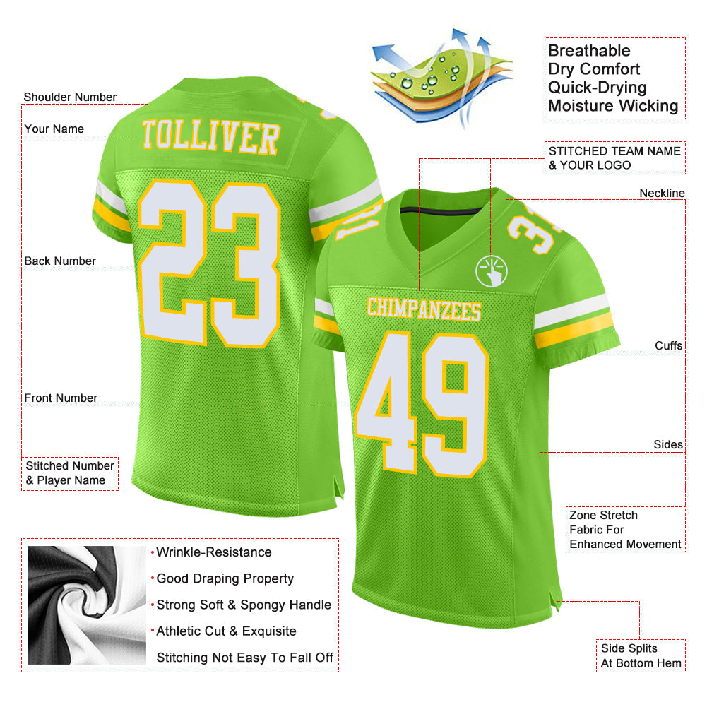 Custom Neon Green White-Yellow Mesh Authentic Football Jersey Limited