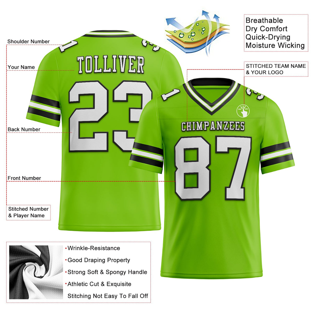 Custom Neon Green White-Black Mesh Authentic Football Jersey Limited