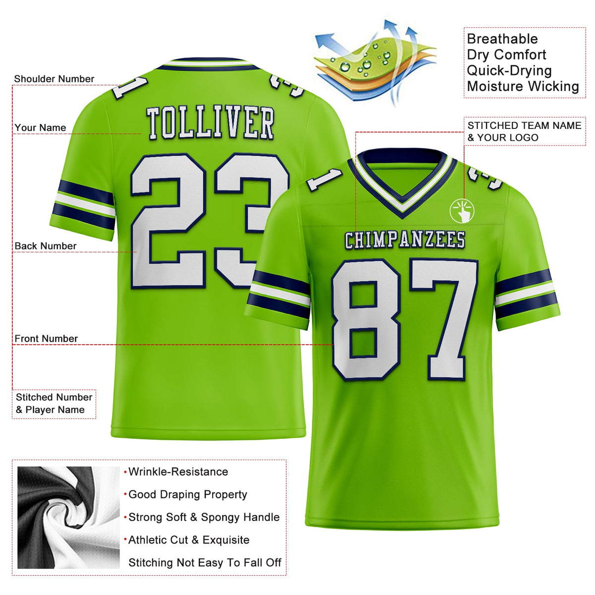 Custom Neon Green White-Navy Mesh Authentic Football Jersey Limited