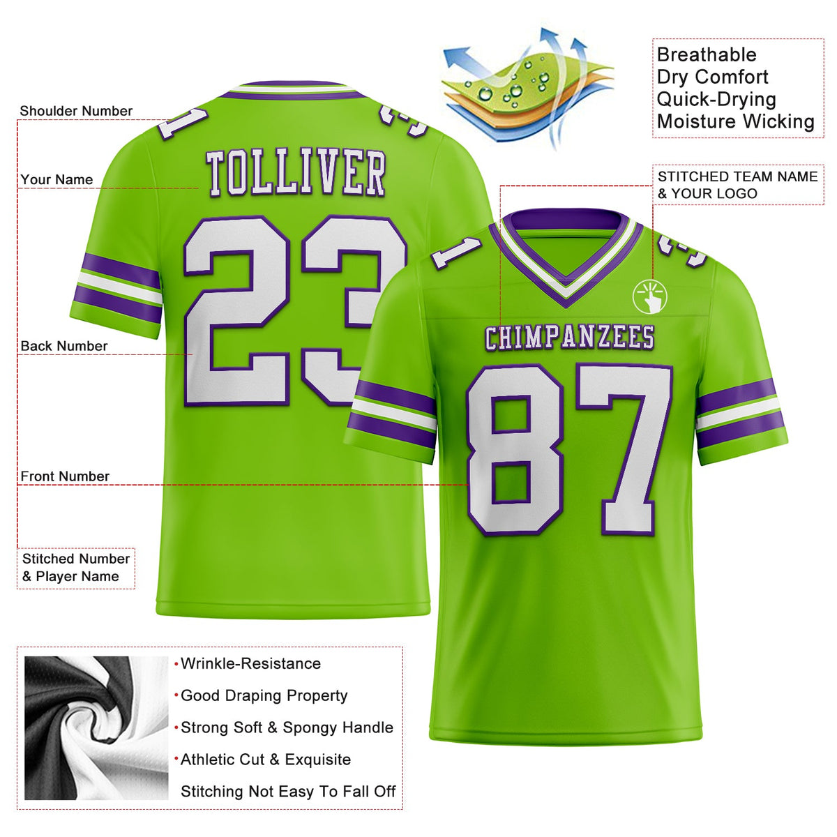 Custom Neon Green White-Purple Mesh Authentic Football Jersey Limited