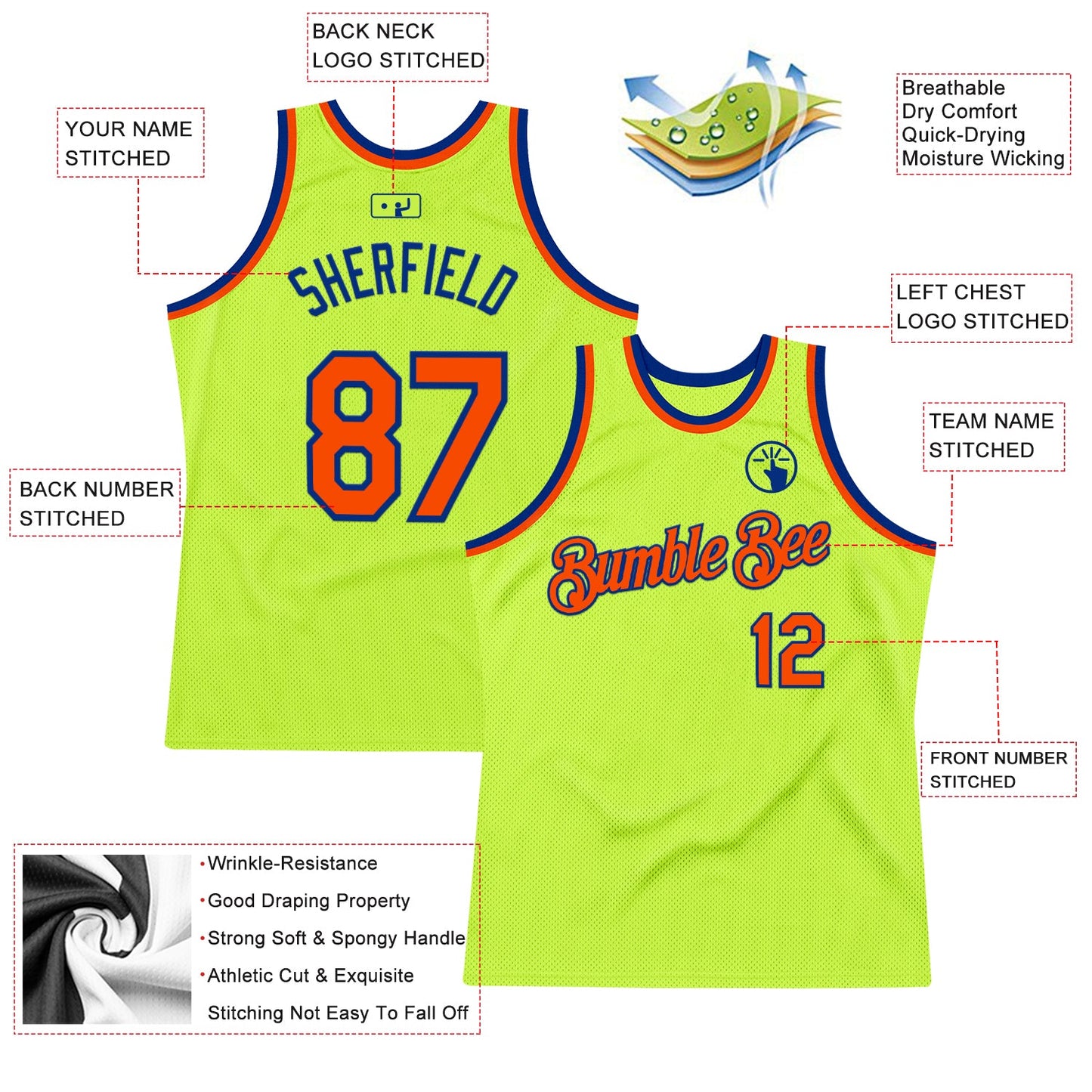 Custom Neon Green Orange-Royal Authentic Throwback Basketball Jersey Limited