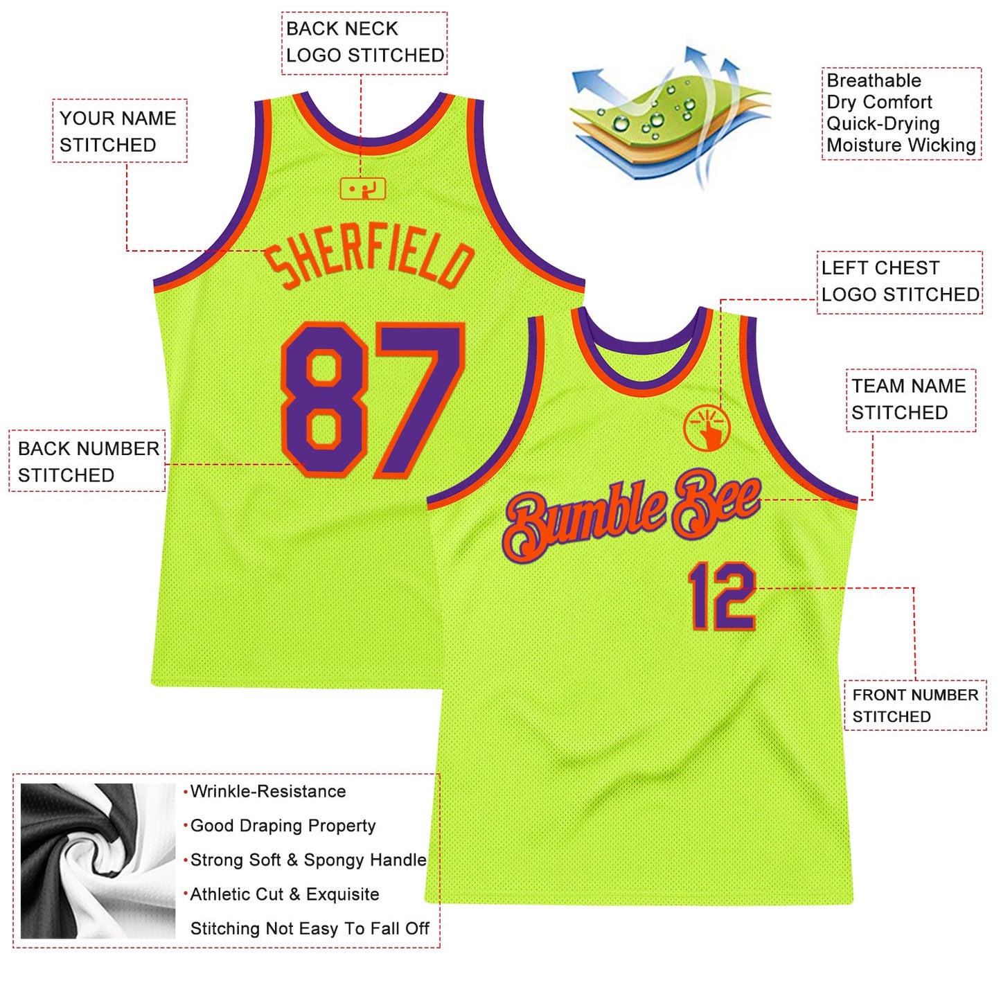 Custom Neon Green Purple-Orange Authentic Throwback Basketball Jersey Limited