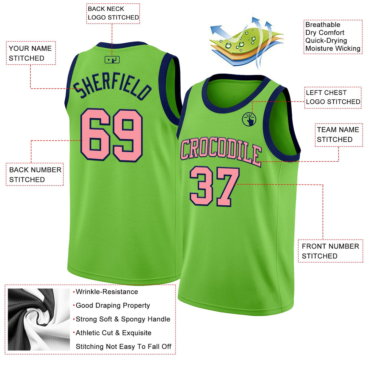 Custom Neon Green Medium Pink-Navy Authentic Basketball Jersey Limited