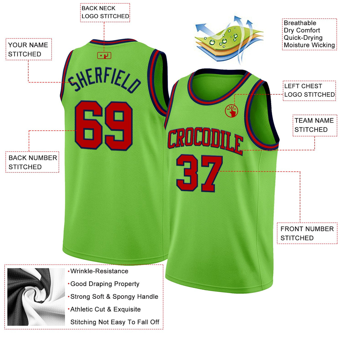 Custom Neon Green Red-Navy Authentic Basketball Jersey Limited