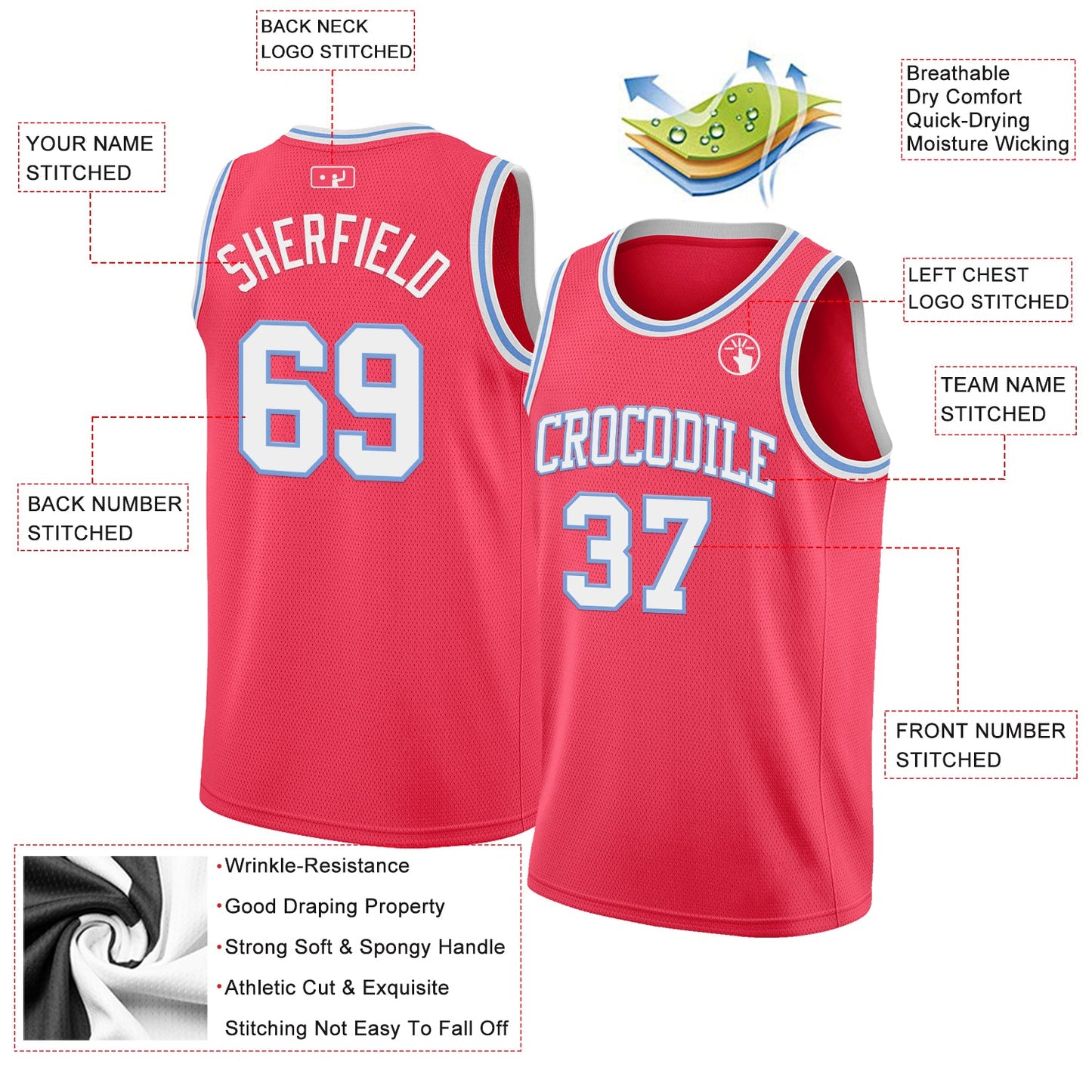 Custom Neon Pink White-Light Blue Authentic Basketball Jersey Limited