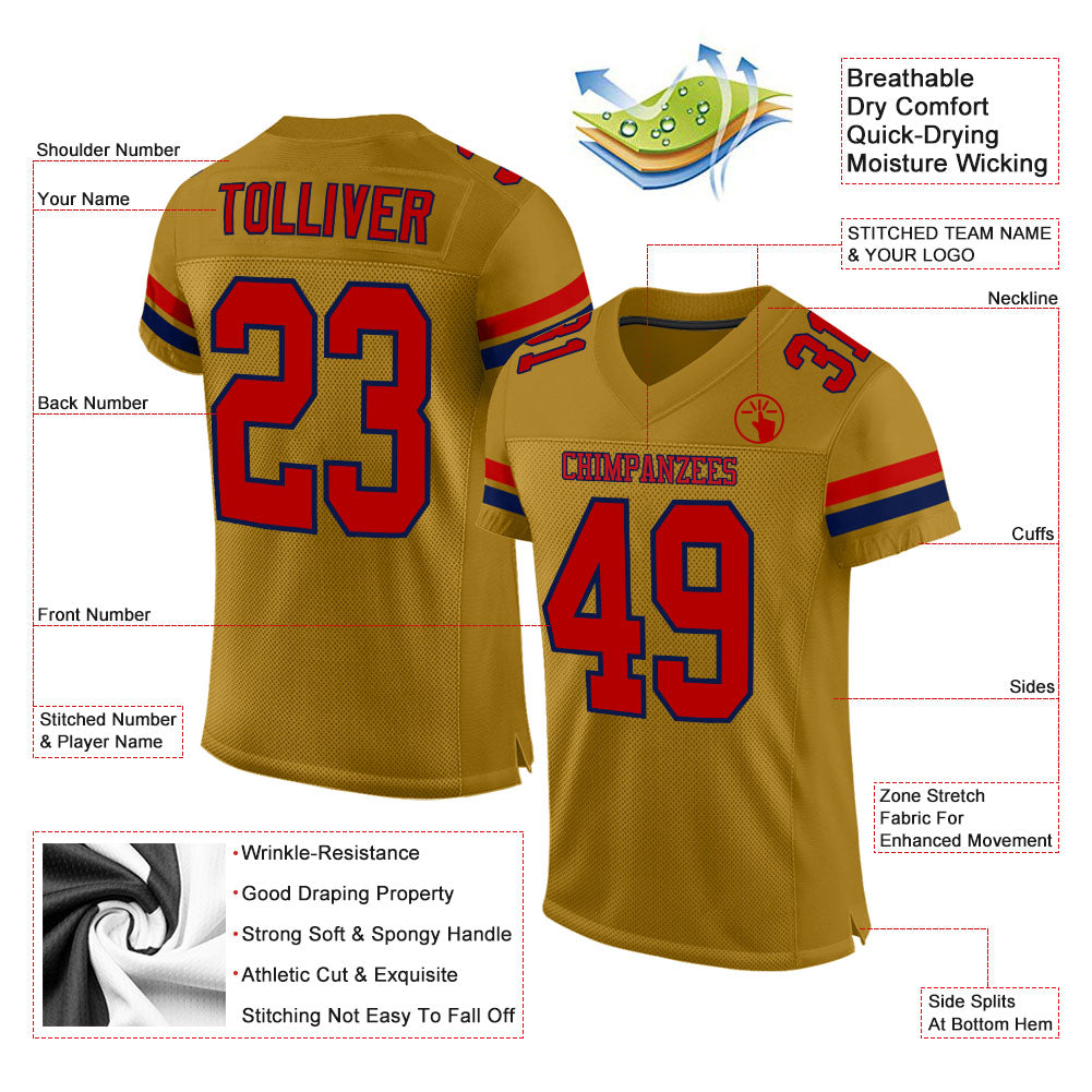Custom Old Gold Red-Navy Mesh Authentic Football Jersey Limited
