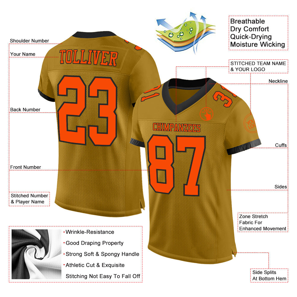 Custom Old Gold Orange-Black Mesh Authentic Football Jersey Limited
