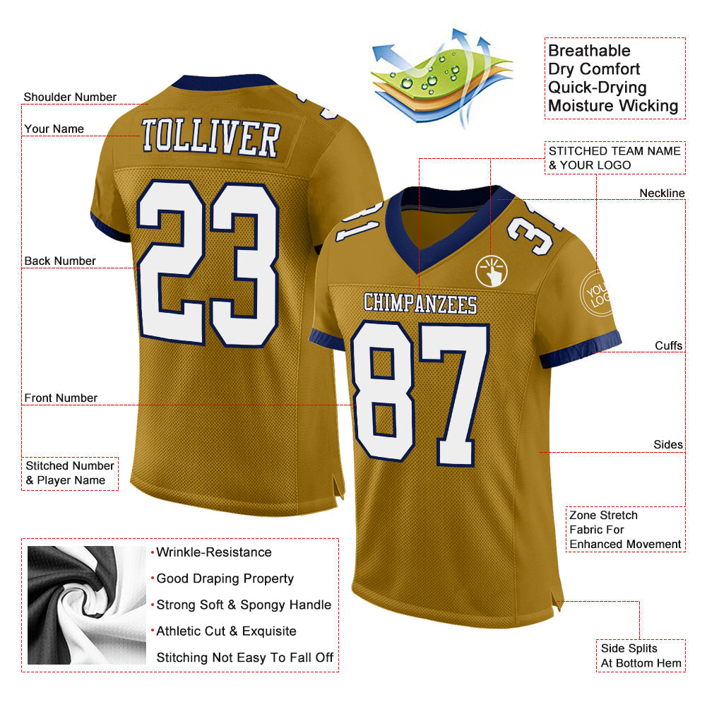 Custom Old Gold White-Navy Mesh Authentic Football Jersey Limited