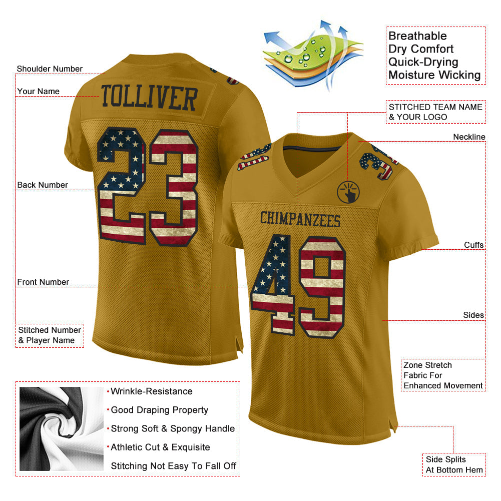 Custom Old Gold Vintage USA Flag-Black Mesh Authentic Football Jersey Limited