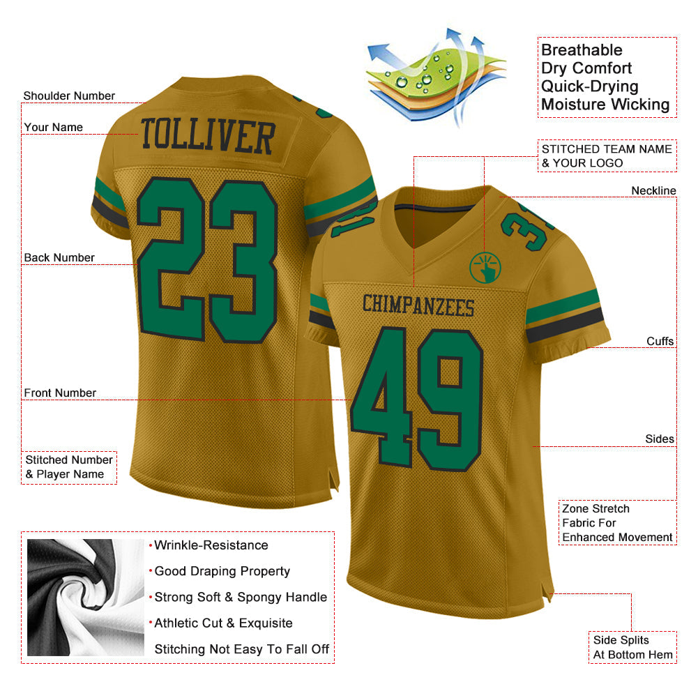 Custom Old Gold Kelly Green-Black Mesh Authentic Football Jersey Limited