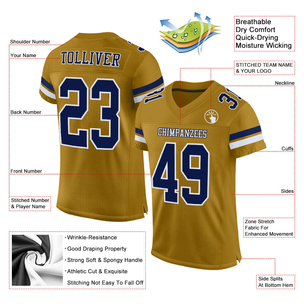 Custom Old Gold Navy-White Mesh Authentic Football Jersey Limited