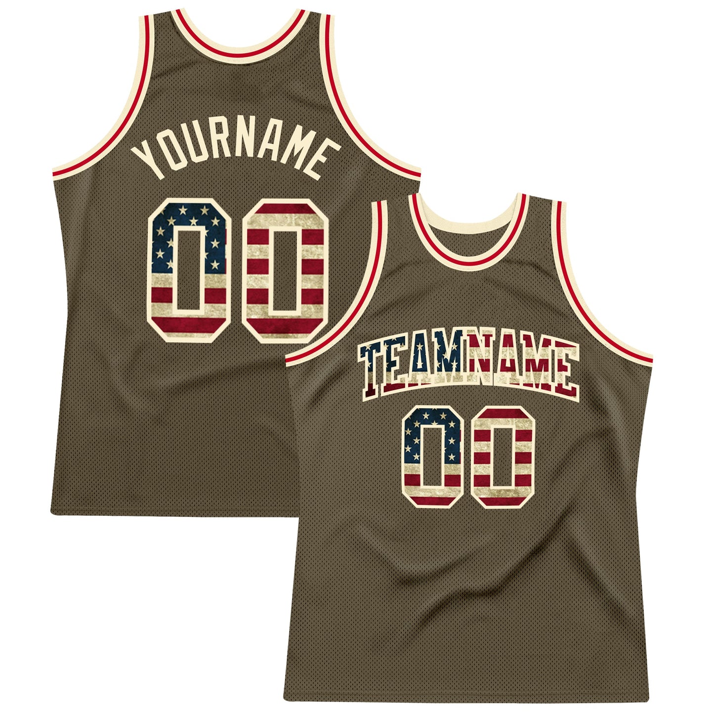Custom Olive Vintage Usa Flag-Cream Authentic Throwback Salute To Service Basketball Jersey