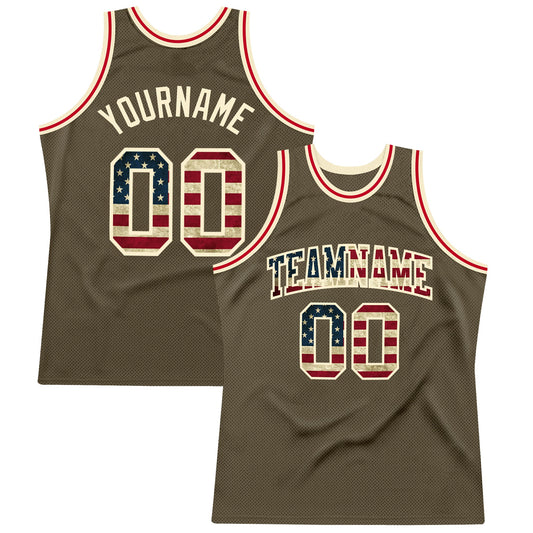 Custom Olive Vintage Usa Flag-Cream Authentic Throwback Salute To Service Basketball Jersey