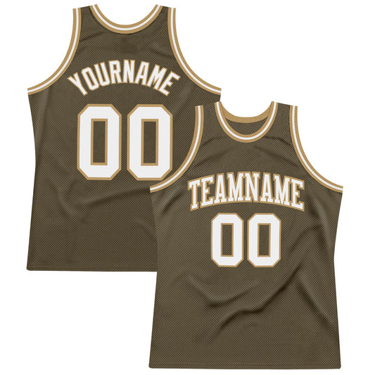 Custom Olive White-Old Gold Authentic Throwback Salute To Service Basketball Jersey