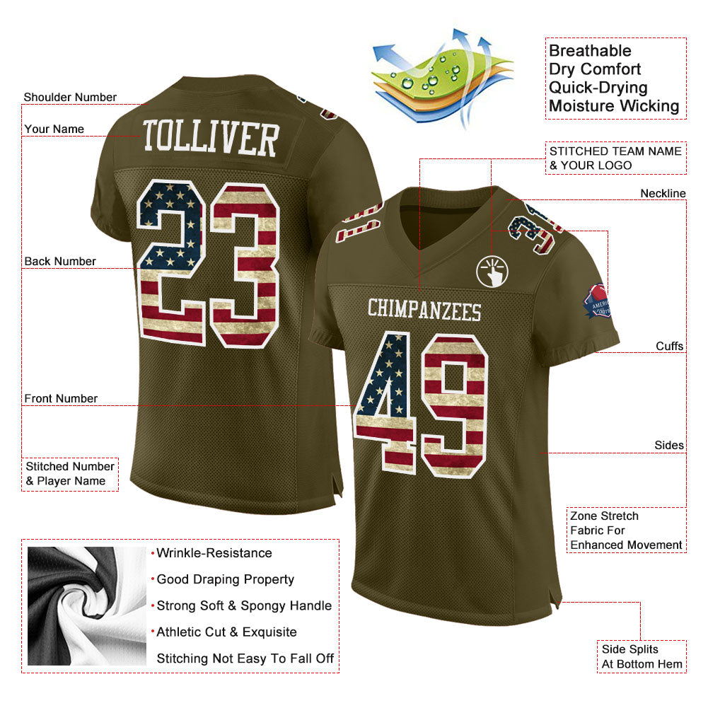 Custom Olive Vintage USA Flag-White Mesh Authentic Salute To Service Football Jersey Limited