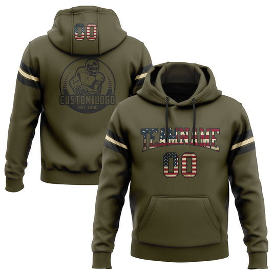 Custom Stitched Olive Vintage USA Flag Black-Cream Football Pullover Sweatshirt Salute To Service Hoodie Limited