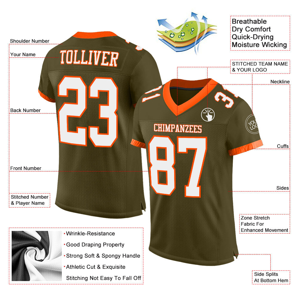 Custom Olive White-Orange Mesh Authentic Salute To Service Football Jersey Limited