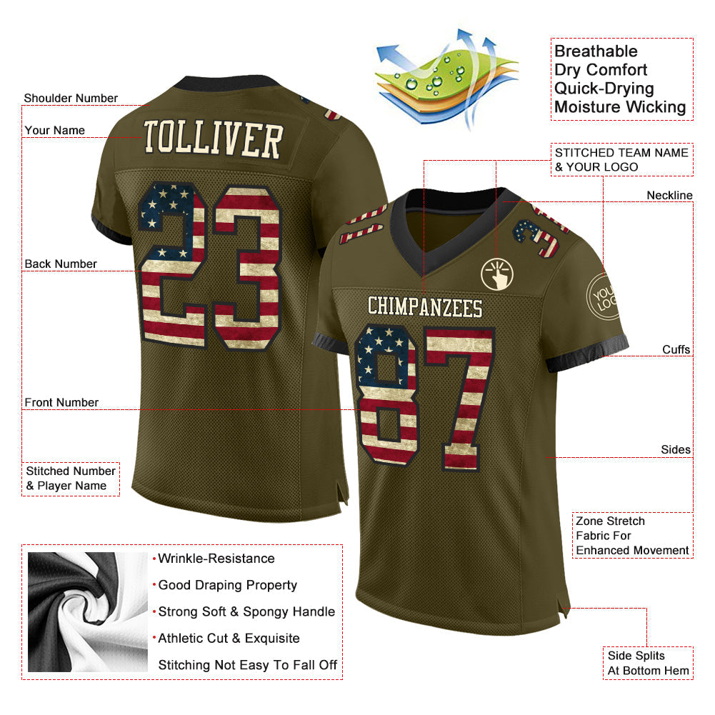 Custom Olive Vintage USA Flag Cream-Black Mesh Authentic Salute To Service Football Jersey Limited