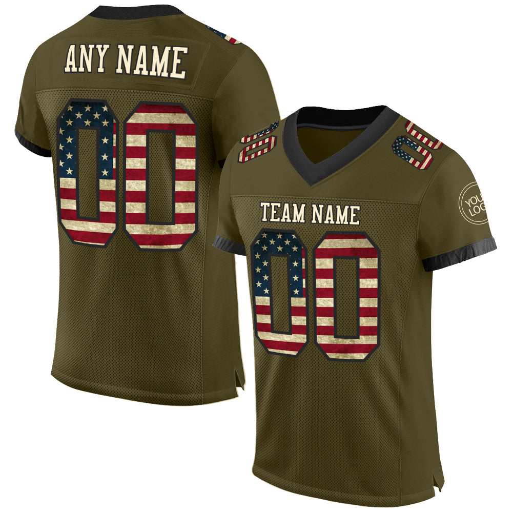 Custom Olive Vintage USA Flag Cream-Black Mesh Authentic Salute To Service Football Jersey Limited
