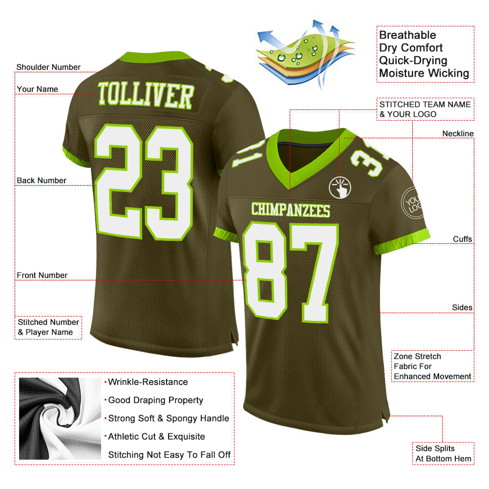 Custom Olive White-Neon Green Mesh Authentic Salute To Service Football Jersey Limited