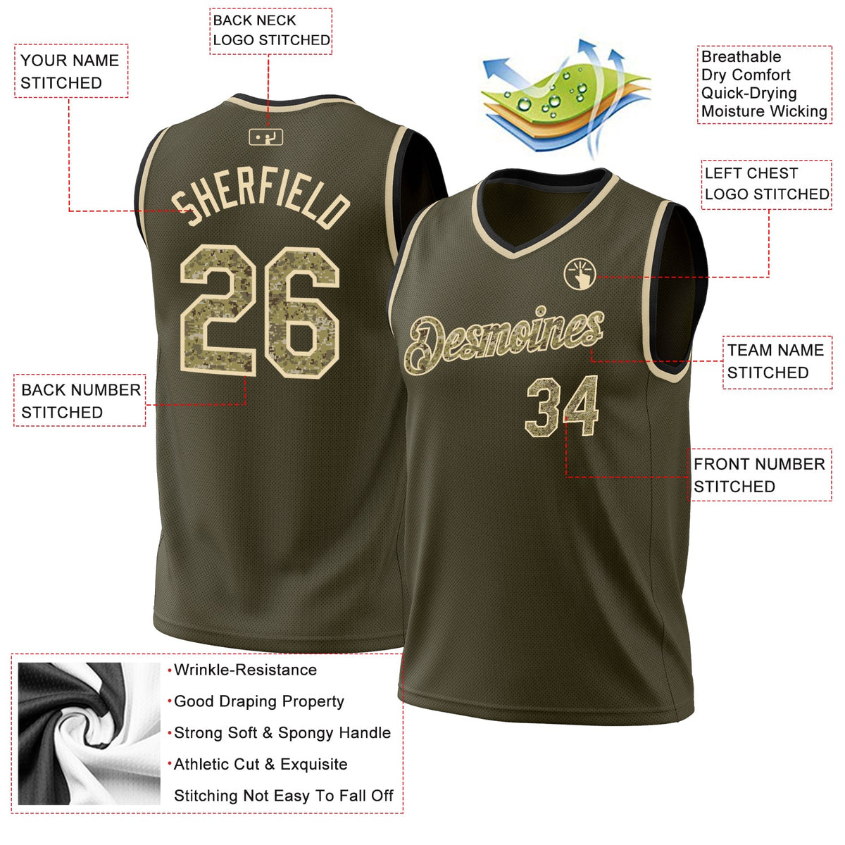 Custom Olive Camo Cream-Black Authentic Throwback Salute To Service Basketball Jersey Limited