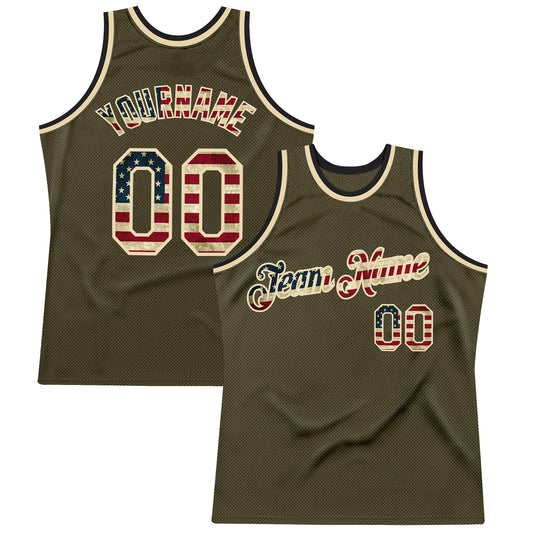 Custom Olive Vintage Usa Flag Cream-Black Authentic Throwback Salute To Service Basketball Jersey