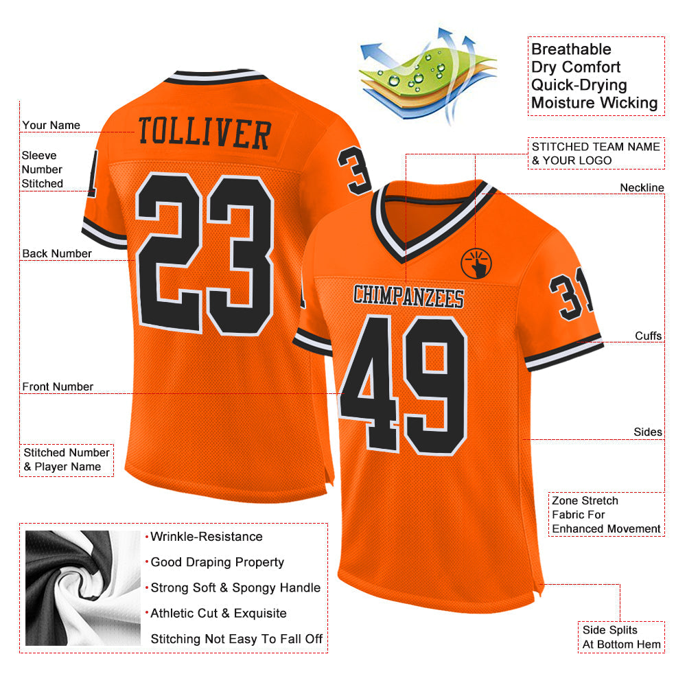 Custom Orange Black-White Mesh Authentic Throwback Football Jersey Limited