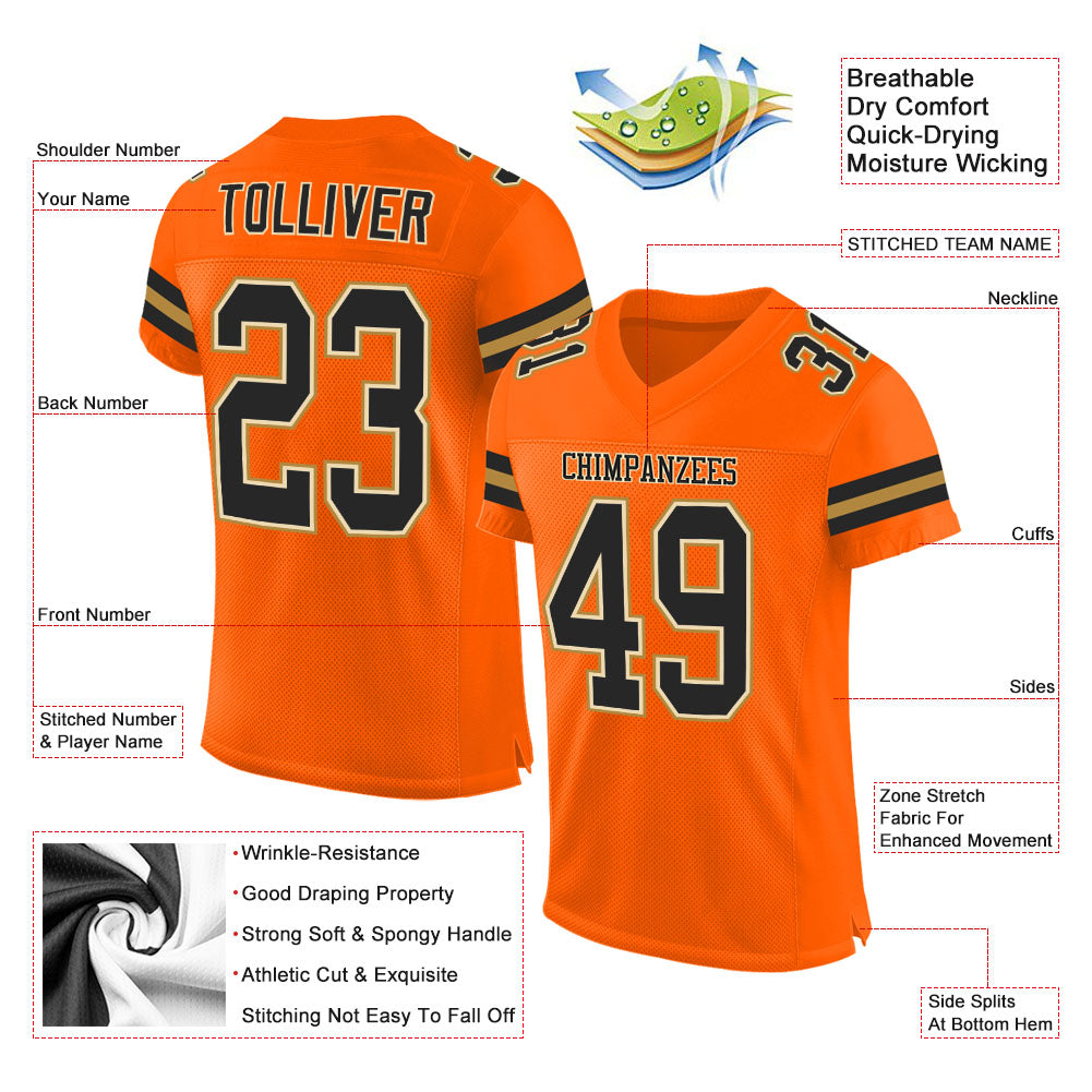 Custom Orange Black-Old Gold Mesh Authentic Football Jersey Limited