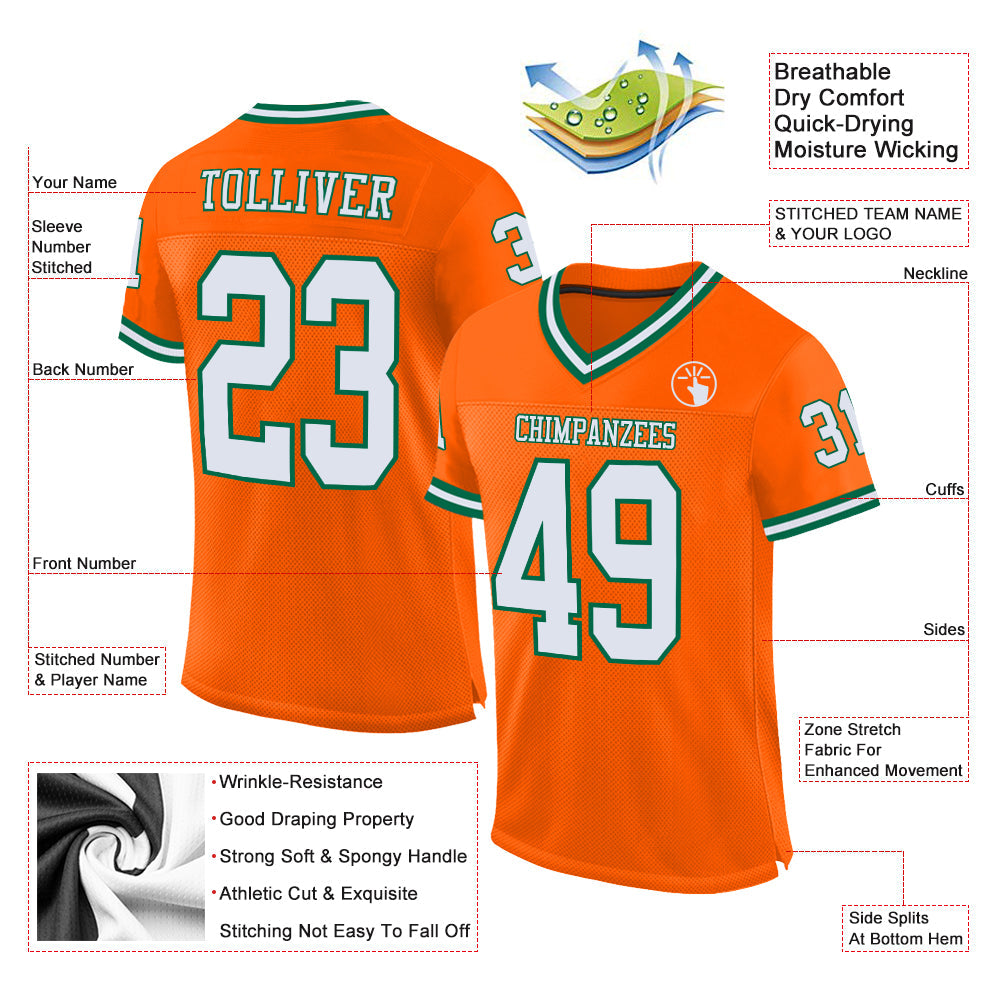 Custom Orange White-Kelly Green Mesh Authentic Throwback Football Jersey Limited