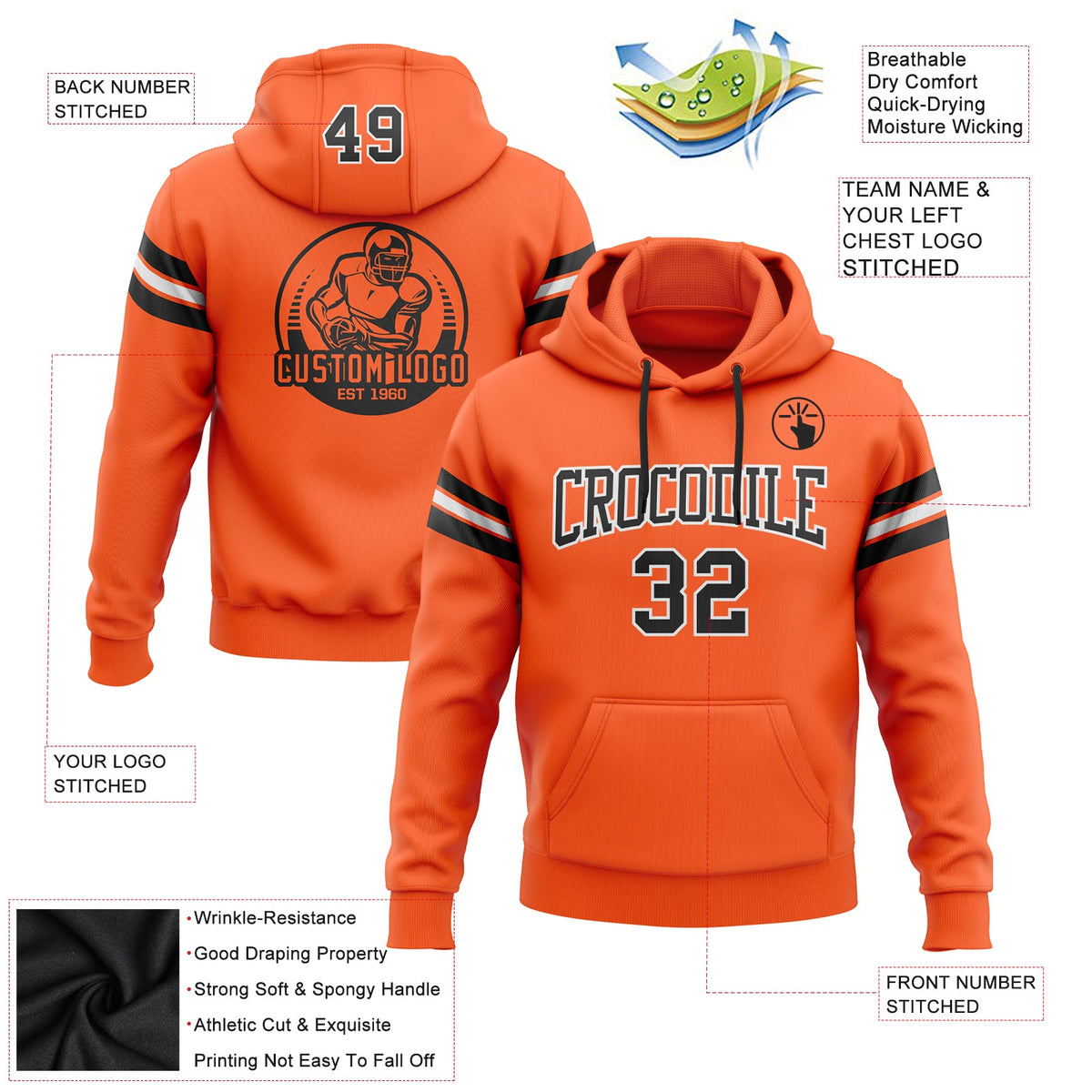 Custom Stitched Orange Black-White Football Pullover Sweatshirt Hoodie Limited