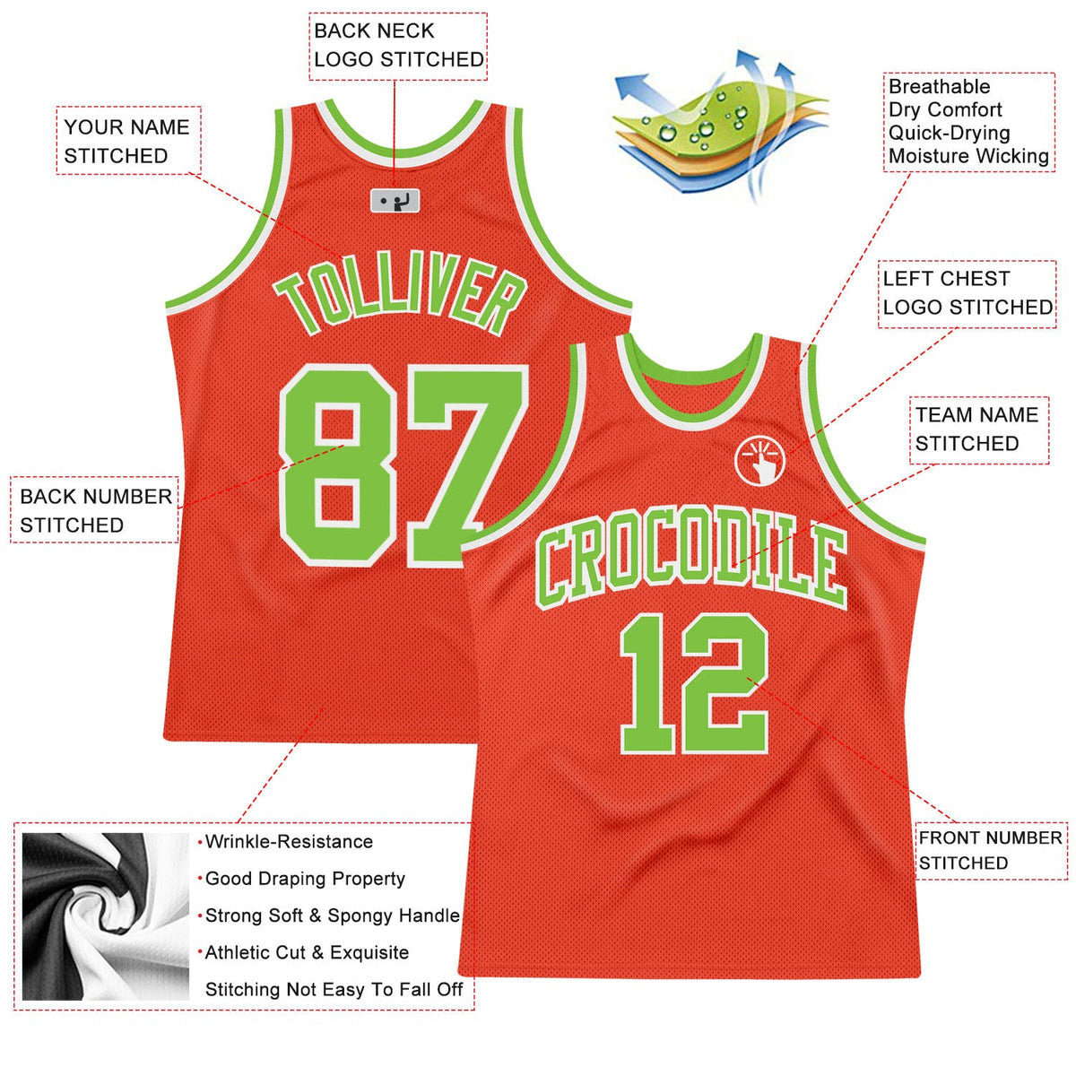 Custom Orange Neon Green-White Authentic Throwback Basketball Jersey Limited