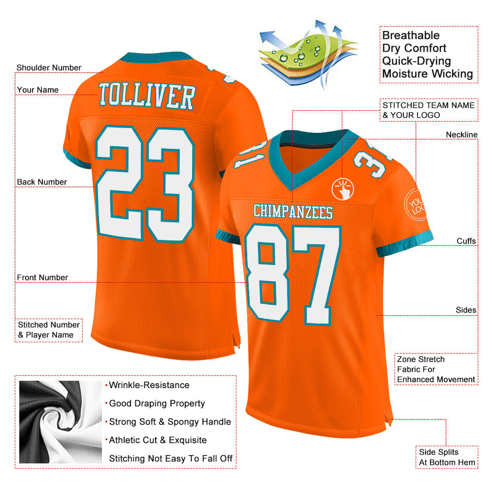Custom Orange White-Teal Mesh Authentic Football Jersey Limited