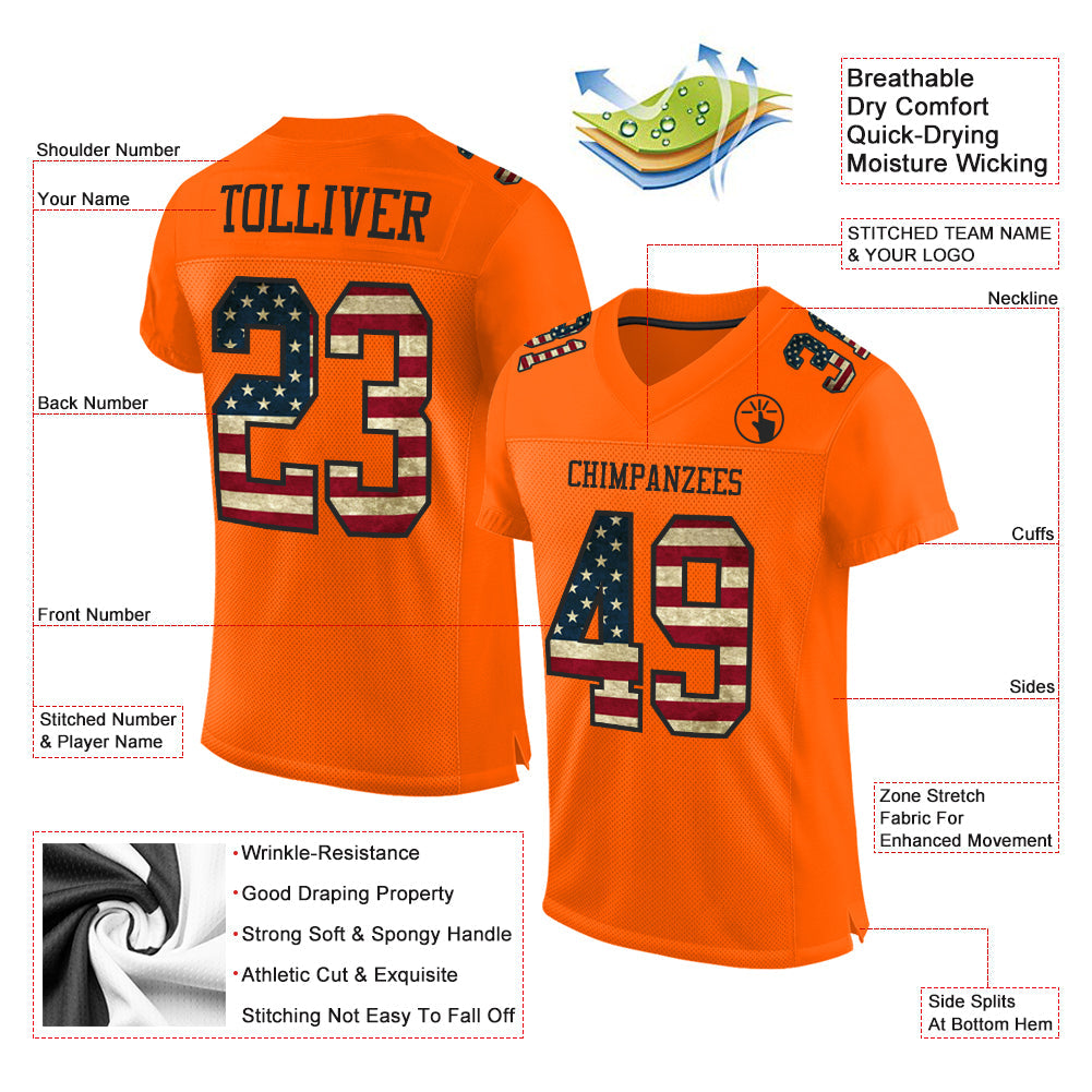 Custom Orange Vintage USA Flag-Black Mesh Authentic Football Jersey Limited