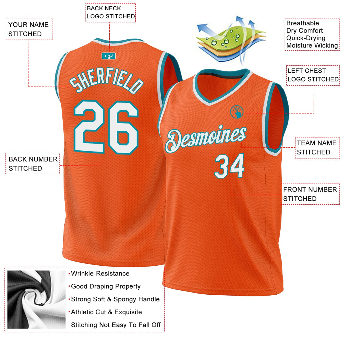 Custom Orange White-Teal Authentic Throwback Basketball Jersey Limited