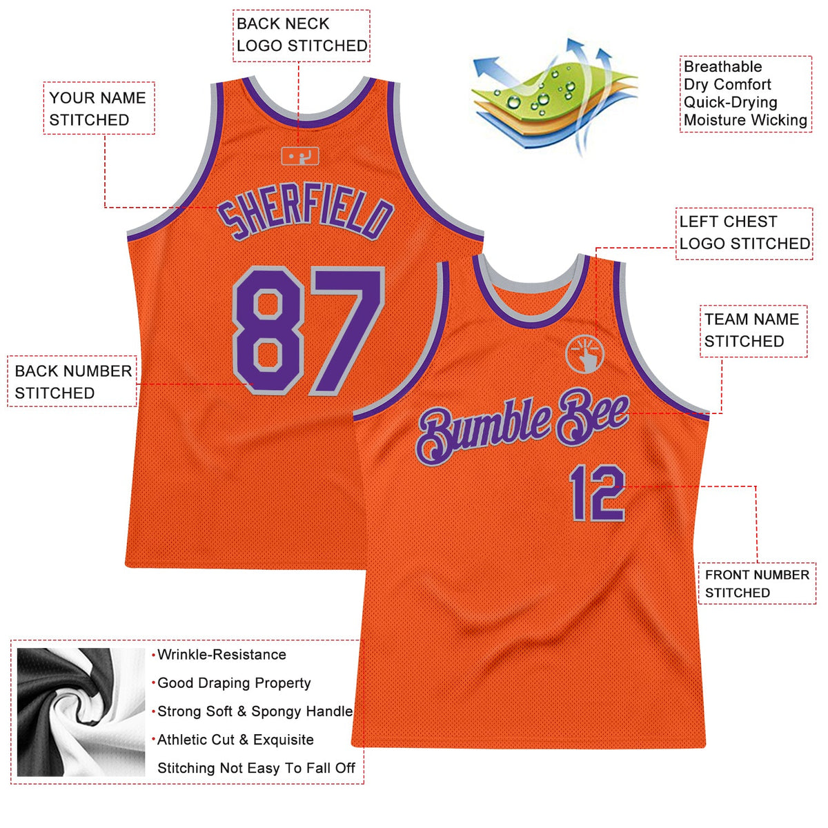 Custom Orange Purple-Gray Authentic Throwback Basketball Jersey Limited
