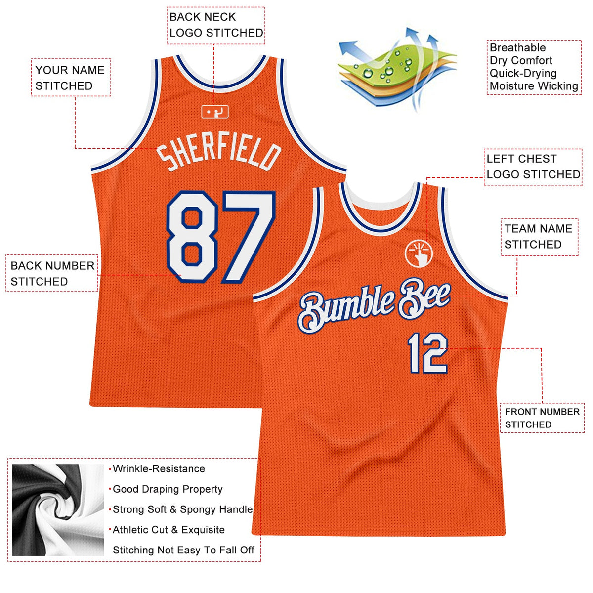 Custom Orange White-Royal Authentic Throwback Basketball Jersey Limited