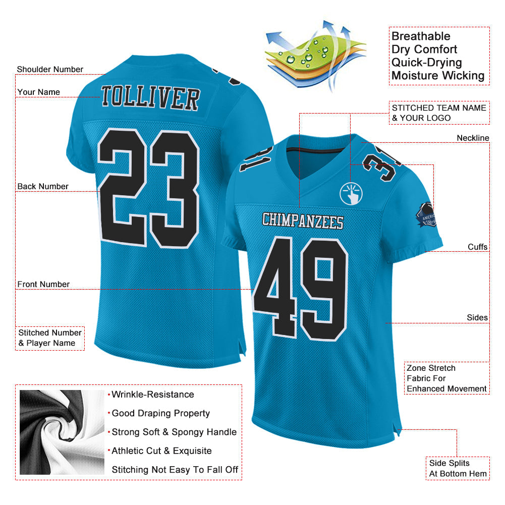 Custom Panther Blue Black-White Mesh Authentic Football Jersey Limited