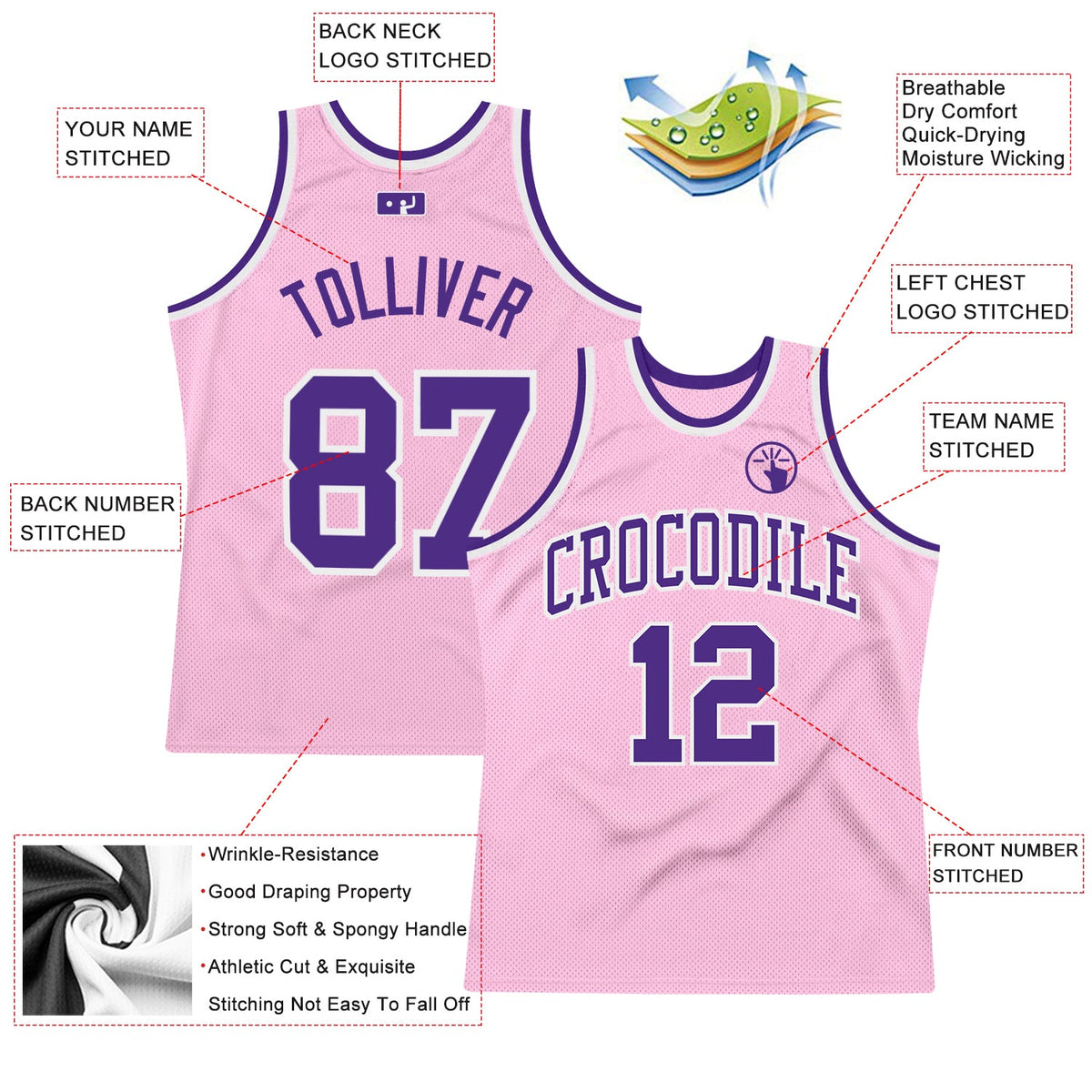Custom Light Pink Purple-White Authentic Throwback Basketball Jersey Limited