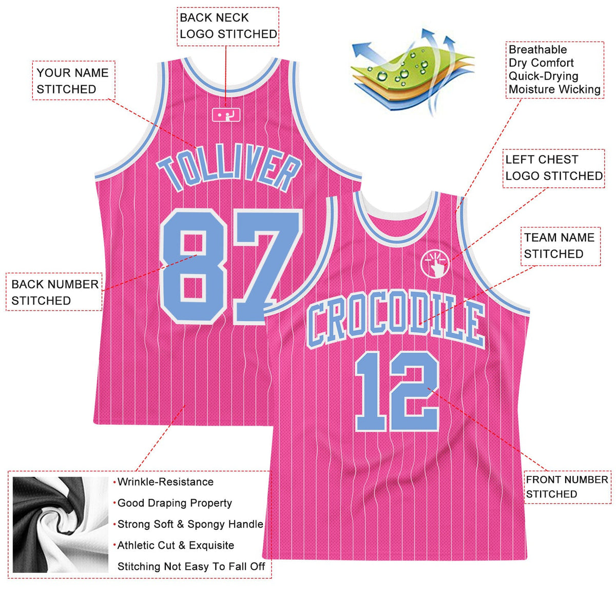 Custom Pink White Pinstripe Light Blue-White Authentic Basketball Jersey Limited