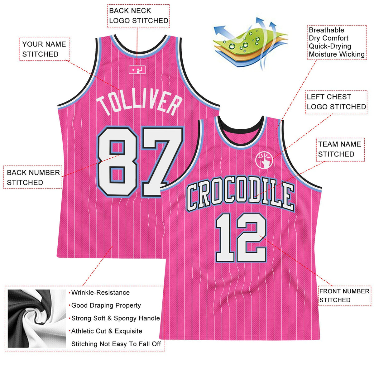Custom Pink White Pinstripe White Black-Light Blue Authentic Basketball Jersey Limited