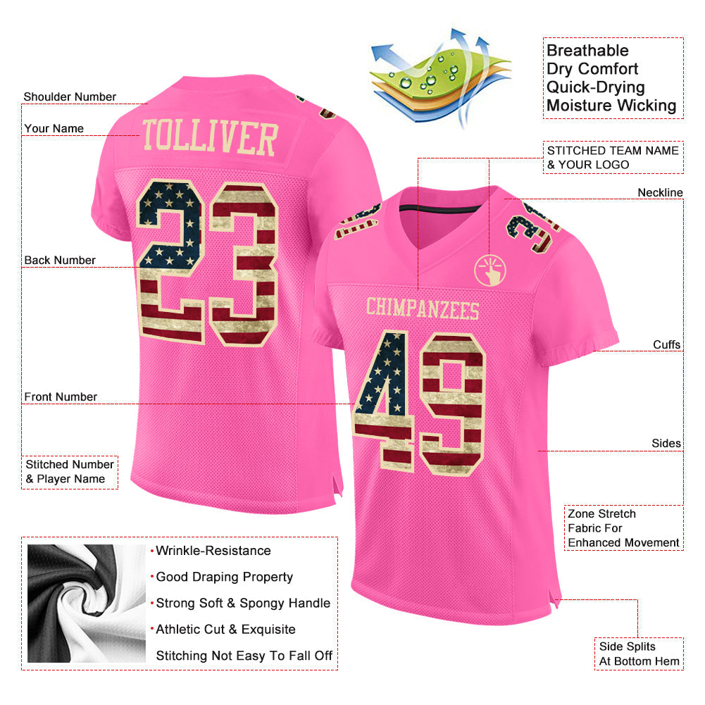 Custom Pink Vintage USA Flag-City Cream Mesh Authentic Football Jersey Limited