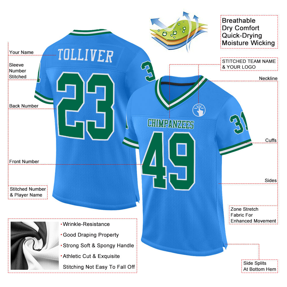 Custom Powder Blue Kelly Green-White Mesh Authentic Throwback Football Jersey Limited