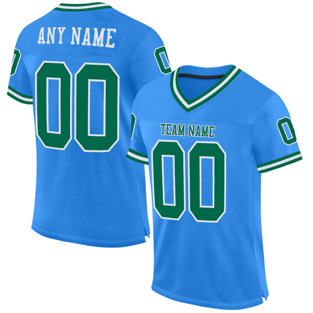 Custom Powder Blue Kelly Green-White Mesh Authentic Throwback Football Jersey Limited